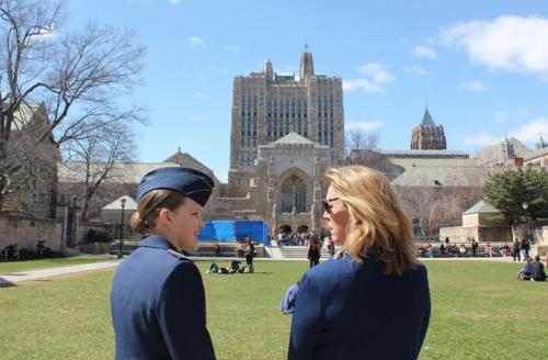 Air Force ROTC cadet Madeline Skrocki '17 of Calhoun College (left) talks with Deborah Lee James, U.S. secretary of the Air Force, during the Yale Veterans Summit, held April 10–11 on campus. (Photo by Major Jason Bast)