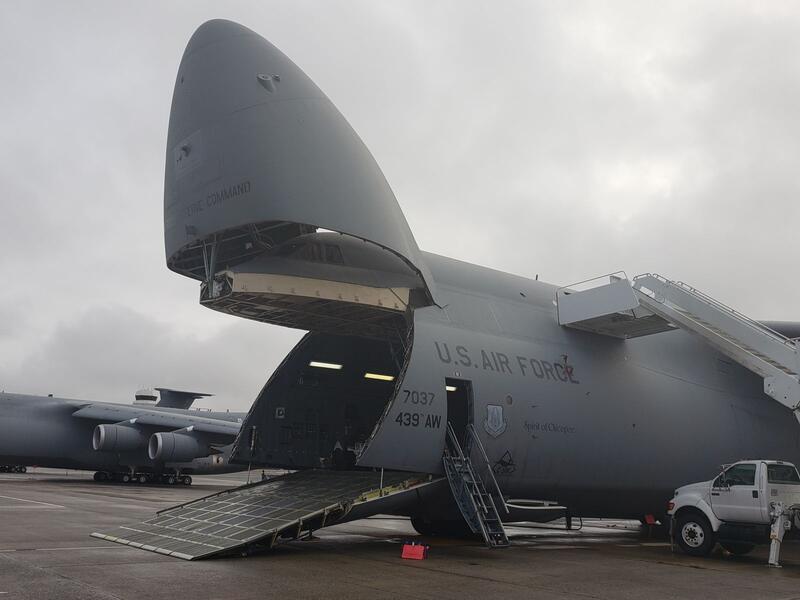 A C-5M Galaxy in the loading configuration at Westover Air Reserve Base, MA