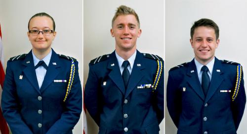 Cadets Samantha Bleykhman '19, Eric Sanderson '19, and John Slife '19 in Air Force ROTC uniform. Slife and Bleykhman received offers for competitive national internships, while Sanderson earned a scholarship to study abroad next year.